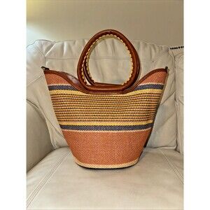 Patricia Nash Woven Basket Satchel Bag Paper Straw Leather Trim Orange Yellow